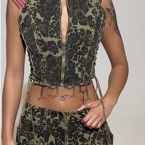 Camouflage Studded Crop Top and mini skirt Set